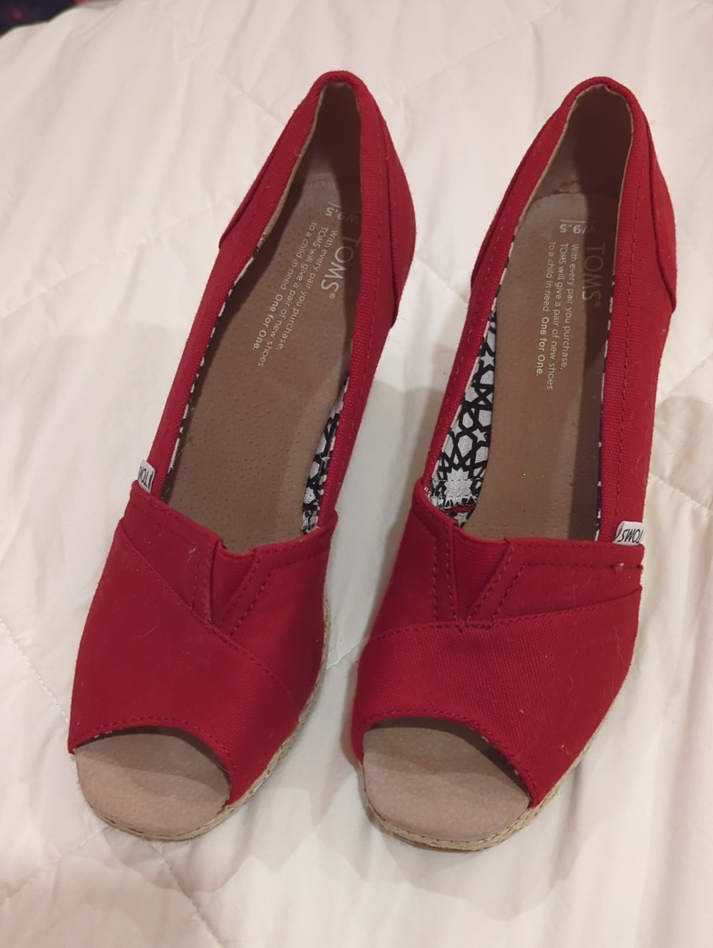 TOMS Red Canvas Peep-Toe Espadrille Wedges